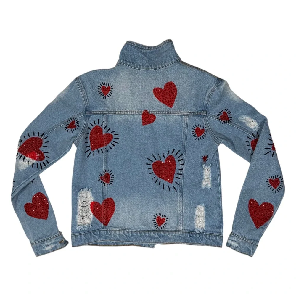 One-Of-A-Kind Distressed Denim Jacket Red Beaded Hearts Light Wash - Picture 2 of 6